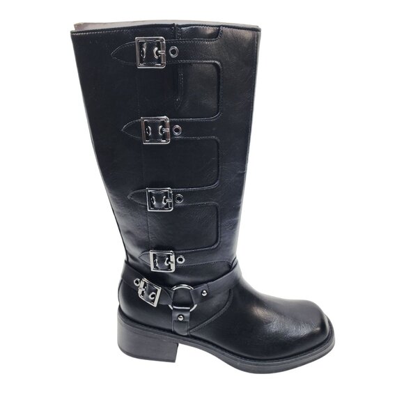 Wild Diva Black Knee-High Buckle Boots Size 11 With Side Zipper Faux Leather - Picture 5 of 9